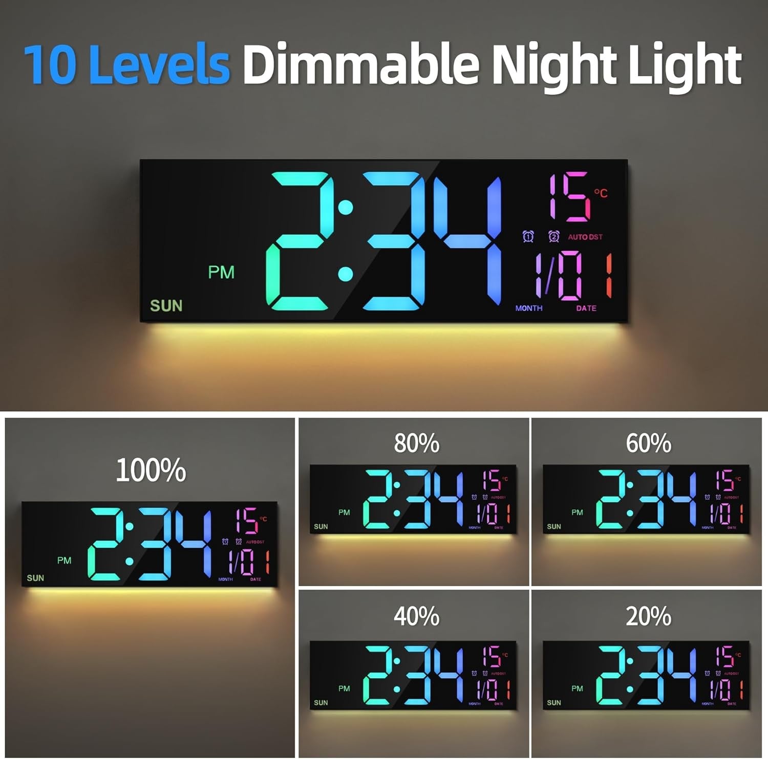 Black 16.5'' Large LED Digital Wall Clock RGB Remote Temperature Display