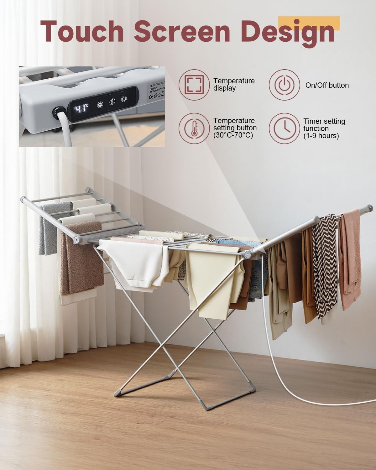 Electric Heated Clothes Airer Touch Screen Timer Foldable Indoor Drying Rack