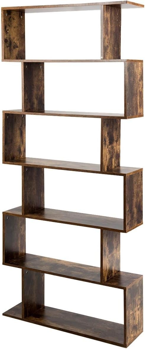 S Shaped 6 Tier Wooden Bookcase Freestanding Display Storage Shelf Rustic Brown
