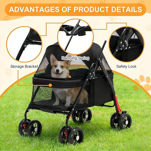 Cat Pet Stroller Lightweight Foldable 4 Wheel Travel Pushchair with Rain Cover