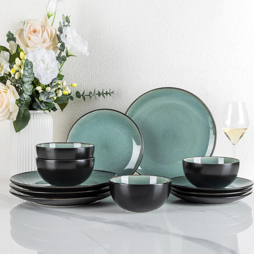12pc Stoneware Dinner Set for 4 Plates Bowls Scratch Resistant Dishwasher Safe