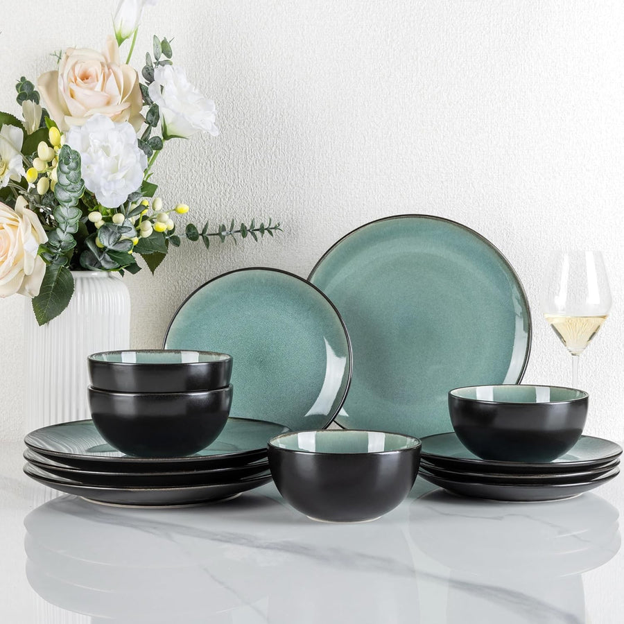 12pc Stoneware Dinner Set for 4 Plates Bowls Scratch Resistant Dishwasher Safe