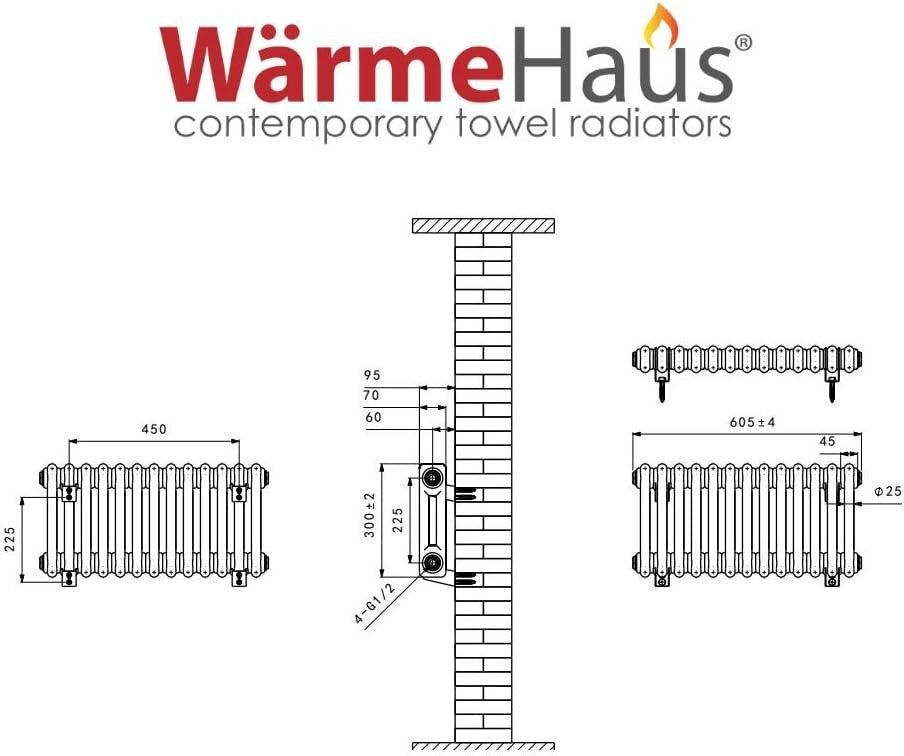 Double Column Horizontal Radiator 300x605mm White Cast Iron Style