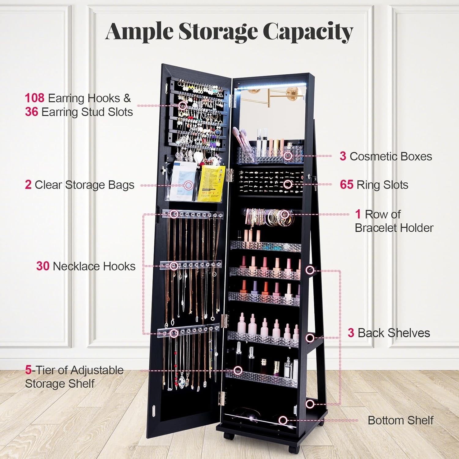 Black LED Jewelry Cabinet Mirror Lockable Rolling Storage Organizer