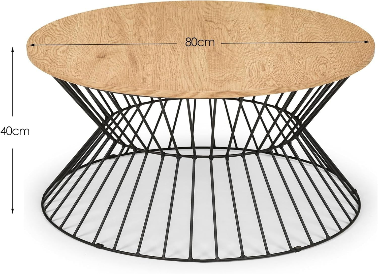 Round Oak Coffee Table with Black Wire Base – Modern Industrial Style 80x80x40