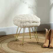 Cream Woven Velvet Footstool Ottoman Seat with Gold Legs for Bedroom