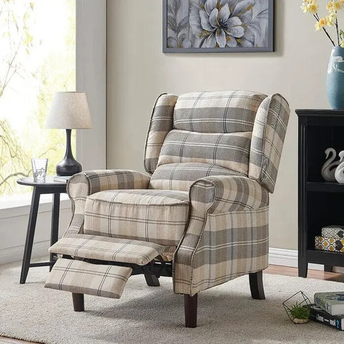 Beige Tartan Wingback Recliner Chair – Manual Pushback Armchair UK Made