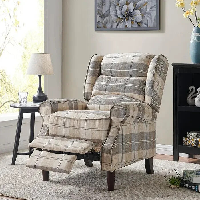 Beige Tartan Wingback Recliner Chair – Manual Pushback Armchair UK Made