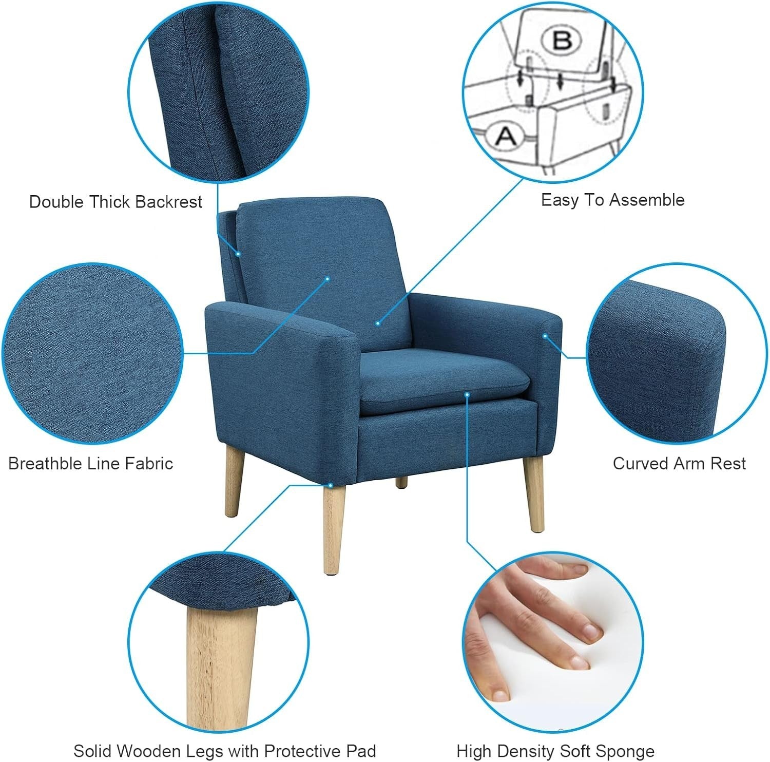 Modern Linen Armchair Blue Comfy Accent Chair for Lounge Bedroom Office