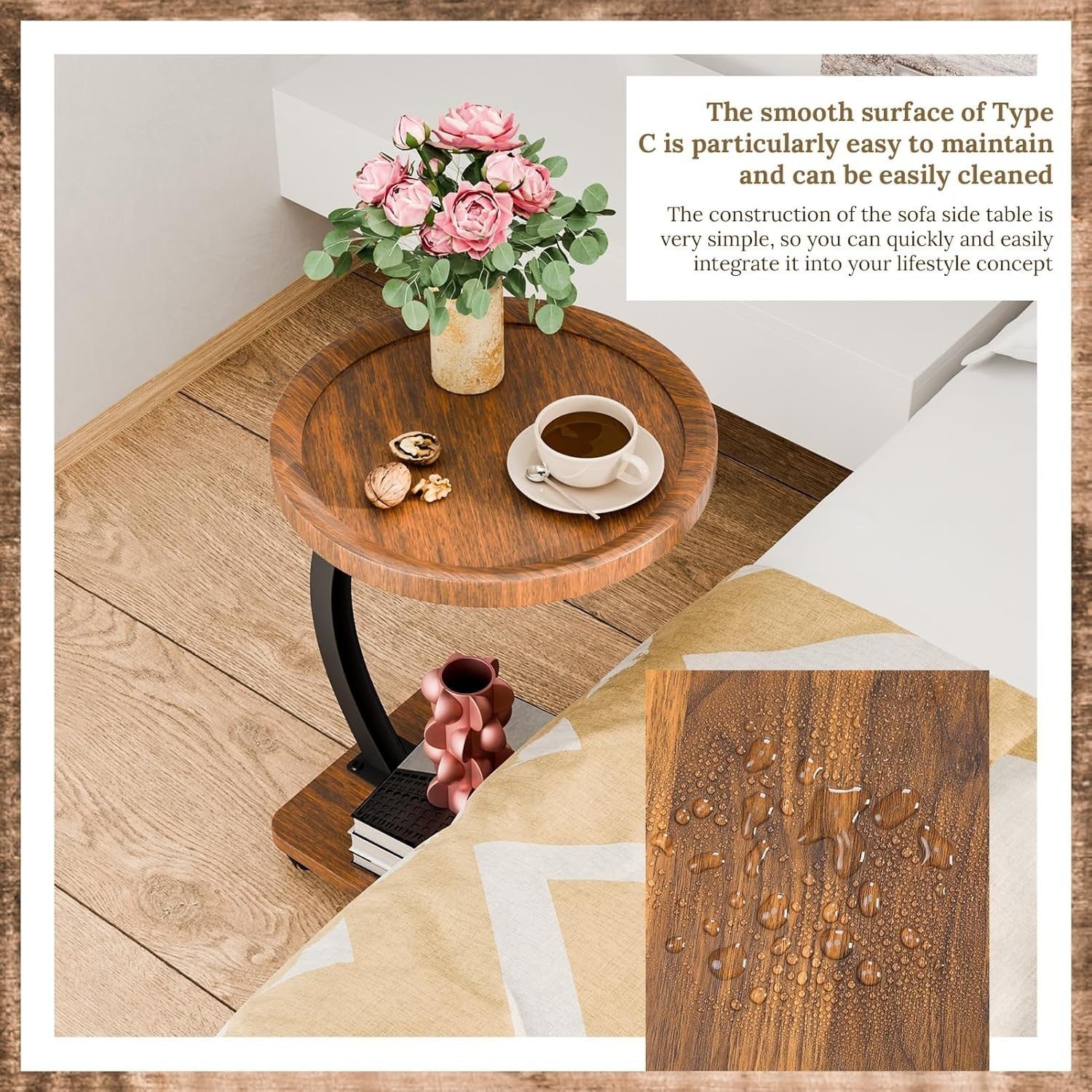 2-Tier C-Shaped Round Side Table with Casters Modern Small Sofa Desk