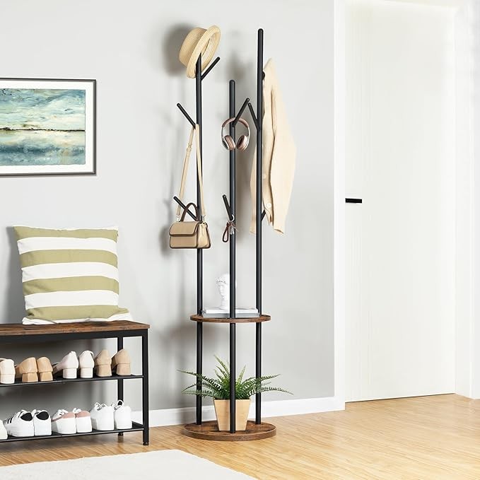 Rustic Brown Freestanding Coat Rack with Shelves & 8 Hooks Industrial Hall Tree
