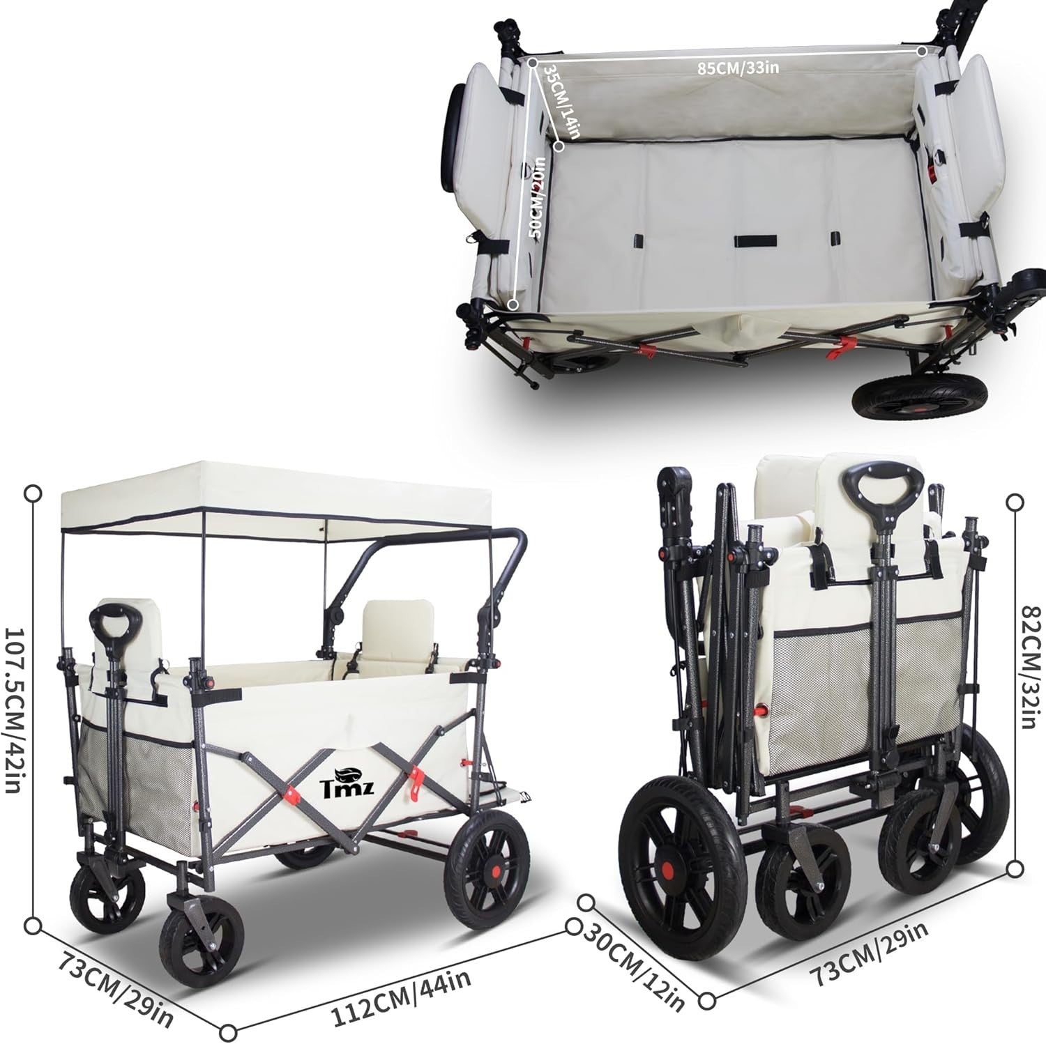 Folding Wagon w/ 2 Seats Removable Canopy 120kg Load Garden Cart Brake Beige