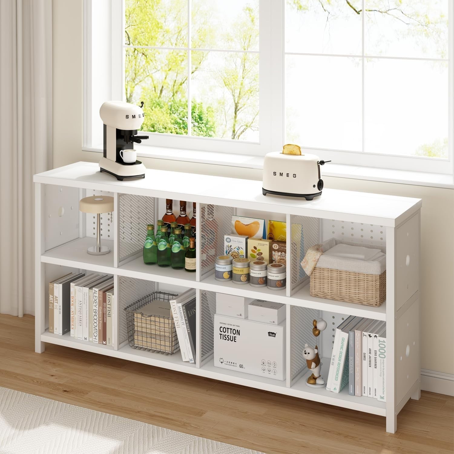 White Oak 8 Cube Wooden Bookcase Storage Cabinet Industrial Style 160x34x76cm
