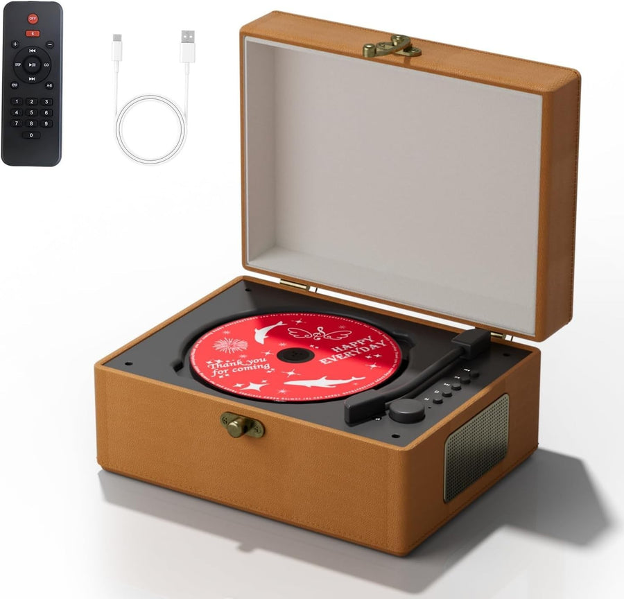 Brown Leather CD Player w Speakers Rechargeable Home Decor Music Box