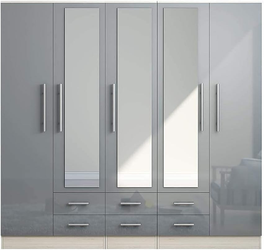 Grey High Gloss 5 Door Wardrobe with Drawers & Full Length Mirrors