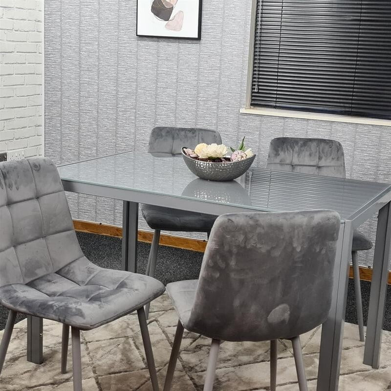 Grey Glass Dining Table Set with 4 Velvet Chairs Modern Padded Seats 134cm
