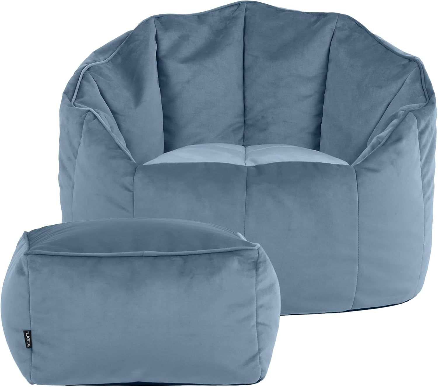 Velvet Bean Bag Chair With Footstool Adult Seat Mineral Blue Lounge Set