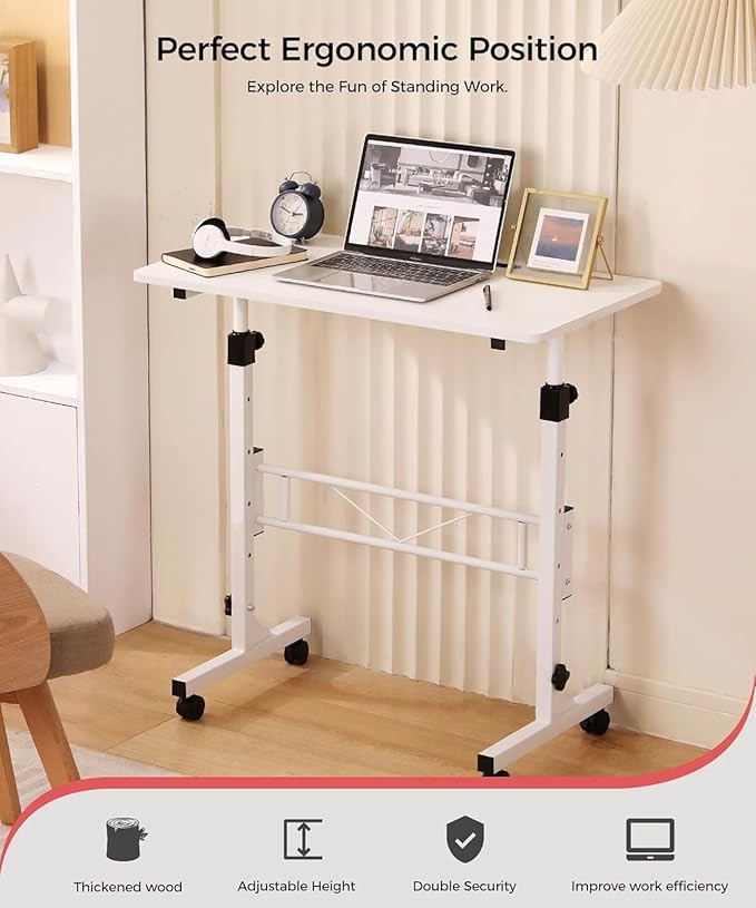 Adjustable Standing Desk Mobile Laptop Desk with Wheels 80x40cm White