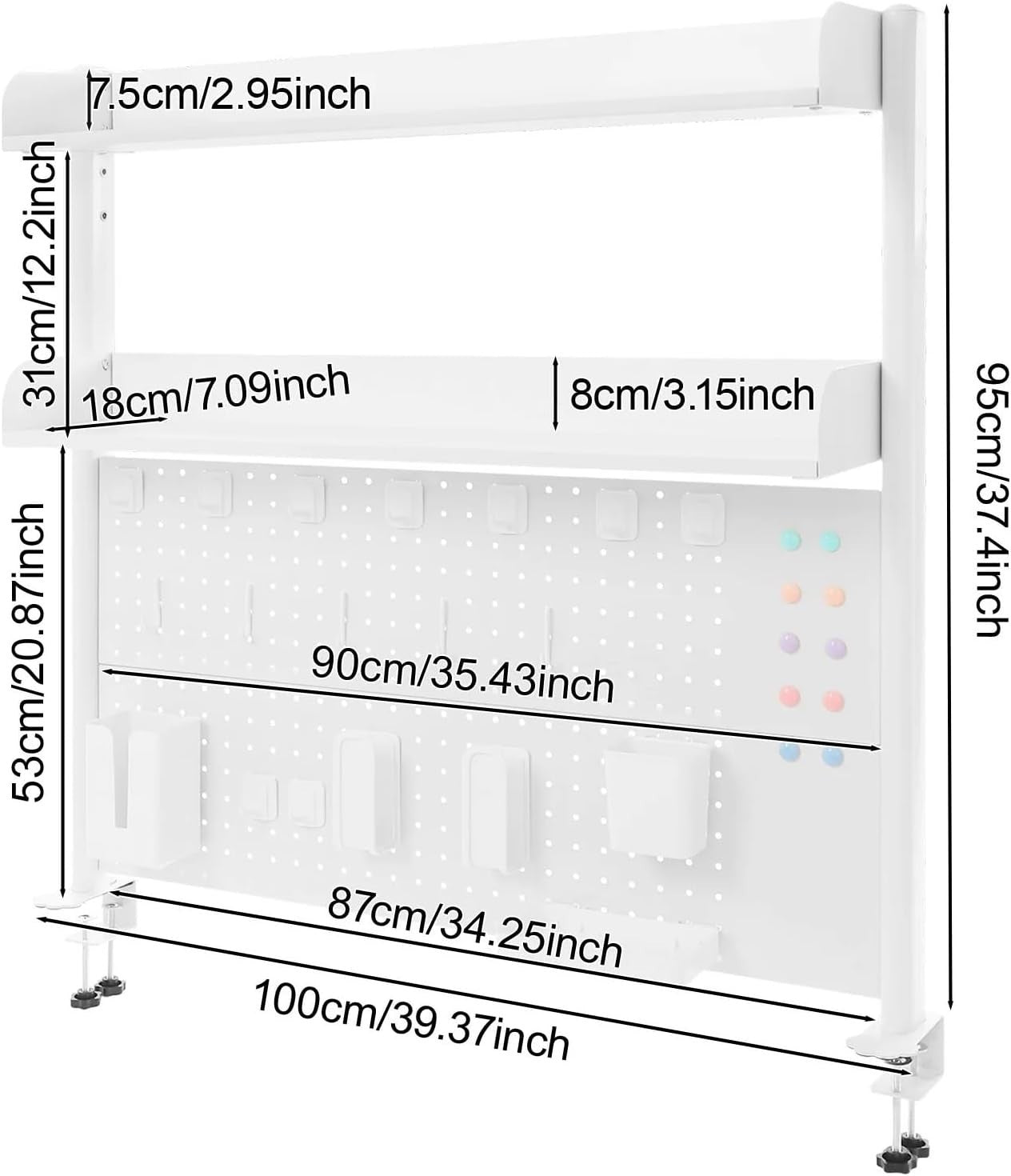 Clamp-On Desk Shelf 2-Tier Pegboard Adjustable Desktop Organizer White