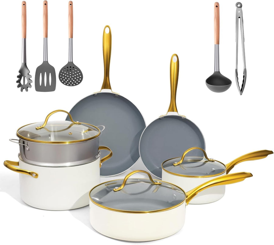 14pcs Elegant White Gold Ceramic Non Stick Cookware Pots and Pans with Glass Lid