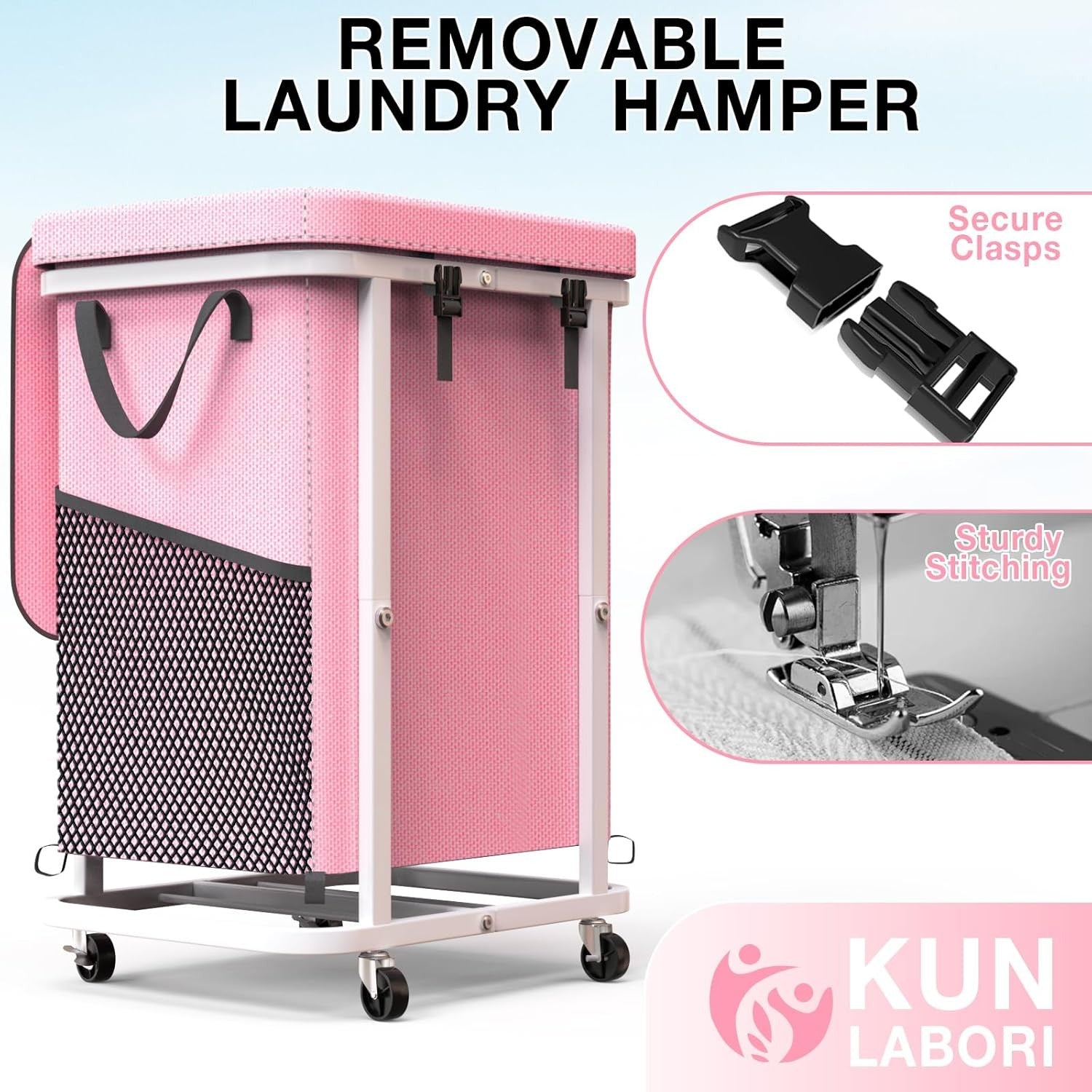 150L Pink Laundry Hamper with Wheels Heavy Duty Large Rolling Clothes Basket