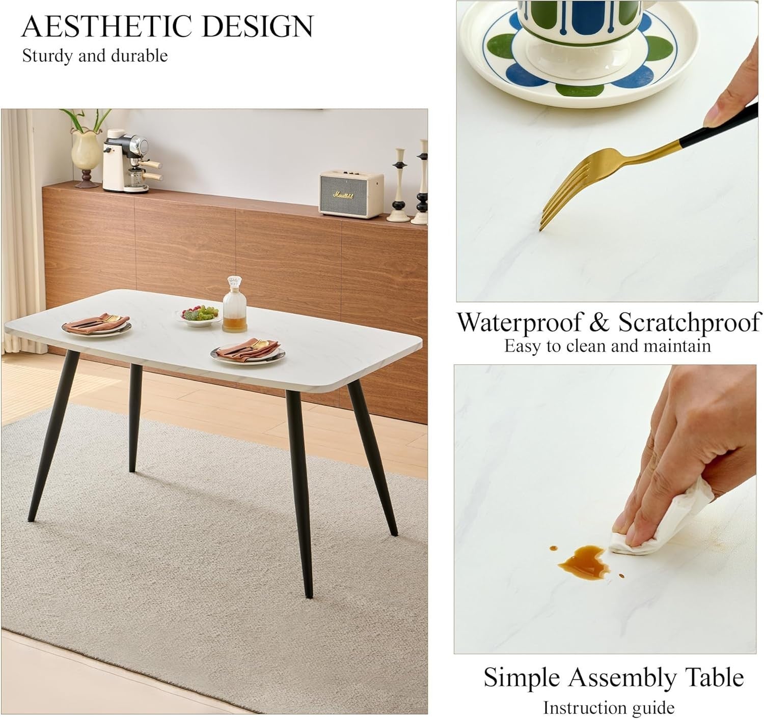 5-Piece Dining Table & 4 Chairs Set, Modern Marble Effect, Space-Saving Design