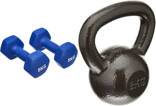 Neoprene Dumbbell Pair 2x5kg Hex Weights + 10kg Cast Iron Kettlebell