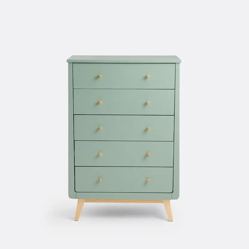 Tall 5-Drawer Chest Grey-Green Dresser 86 cm Bedroom Storage Pine Legs