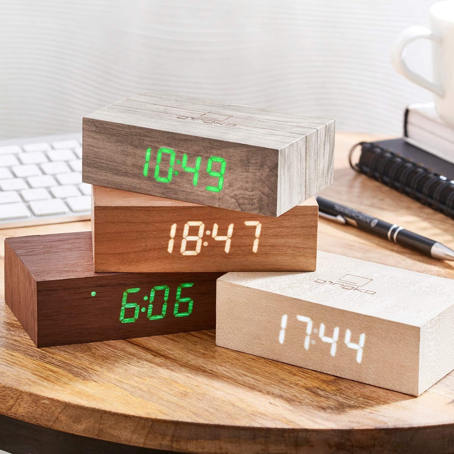 Wood Digital Alarm Clock LED Display Touch Control Minimalist Ash