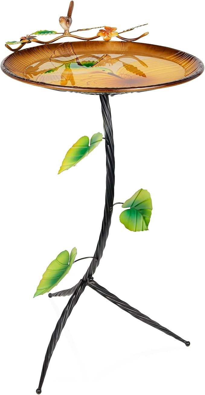 Hummingbird Metal Bird Bath Feeder – Artistic Leaf Stand for Garden Decor