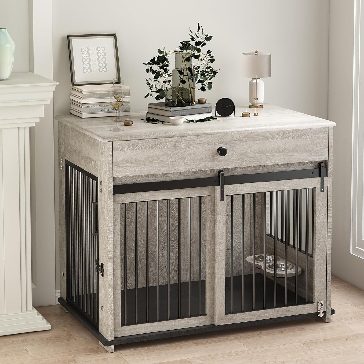 Large Indoor Wooden Dog Crate with Sliding Doors, Drawer & Rotatable Bowl