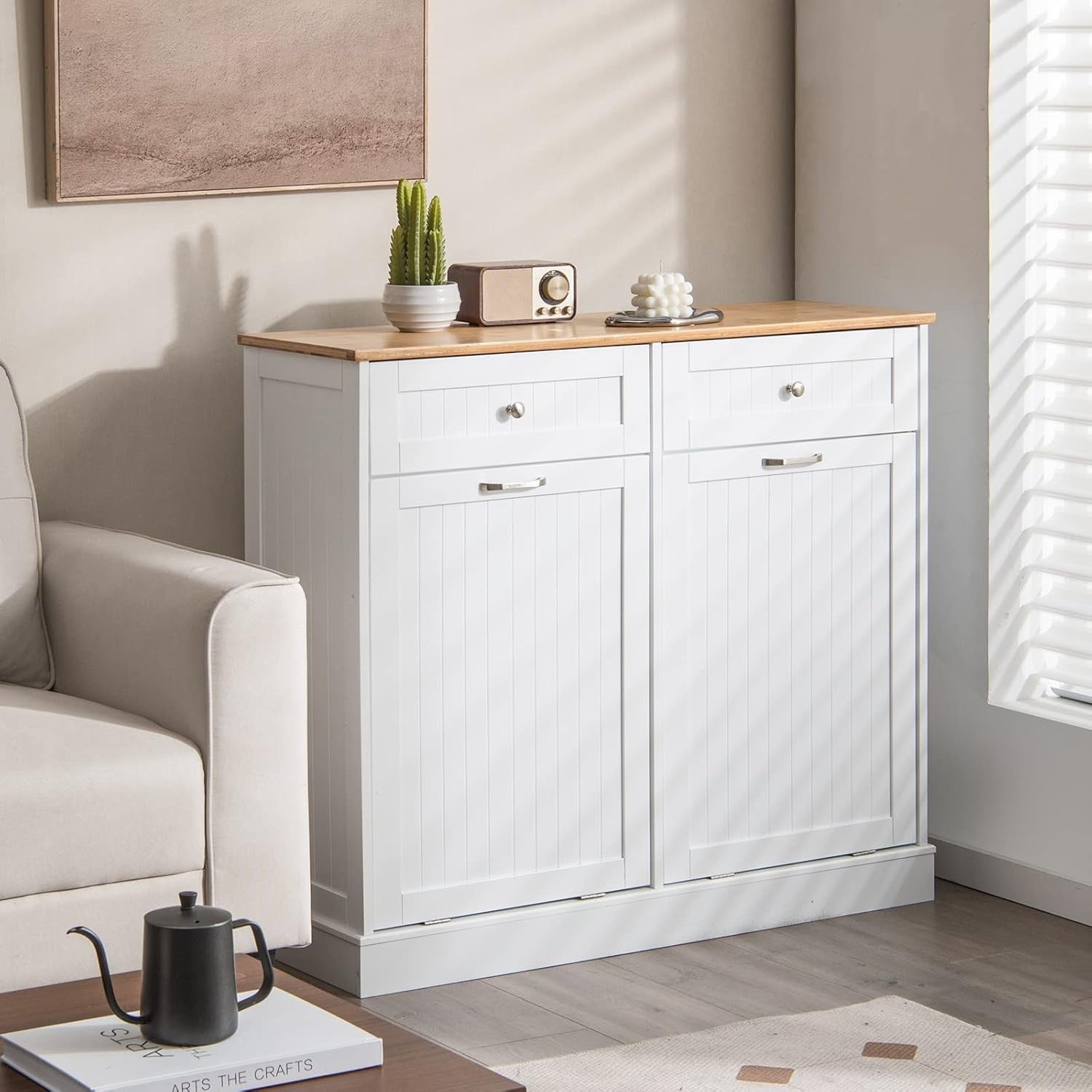 Tilt Out Kitchen Bin Cabinet Wooden Trash Hamper with Bamboo Top