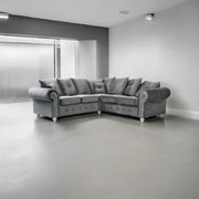 Dark Grey Velvet Corner Sofa 5 Seater – Chesterfield L Shape Settee – Rolled Arm
