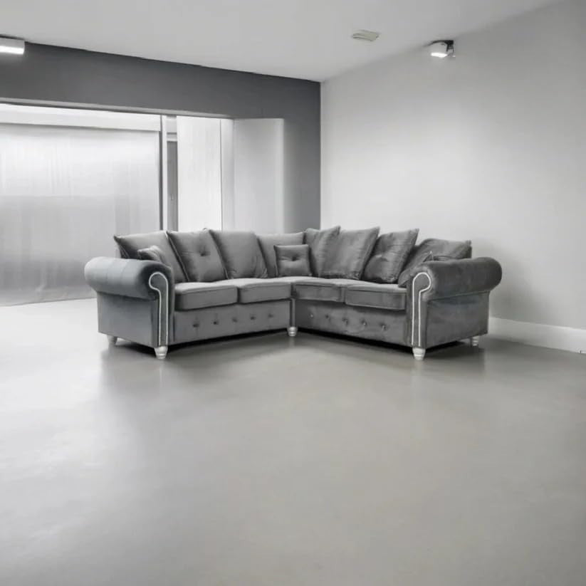 Dark Grey Velvet Corner Sofa 5 Seater – Chesterfield L Shape Settee – Rolled Arm