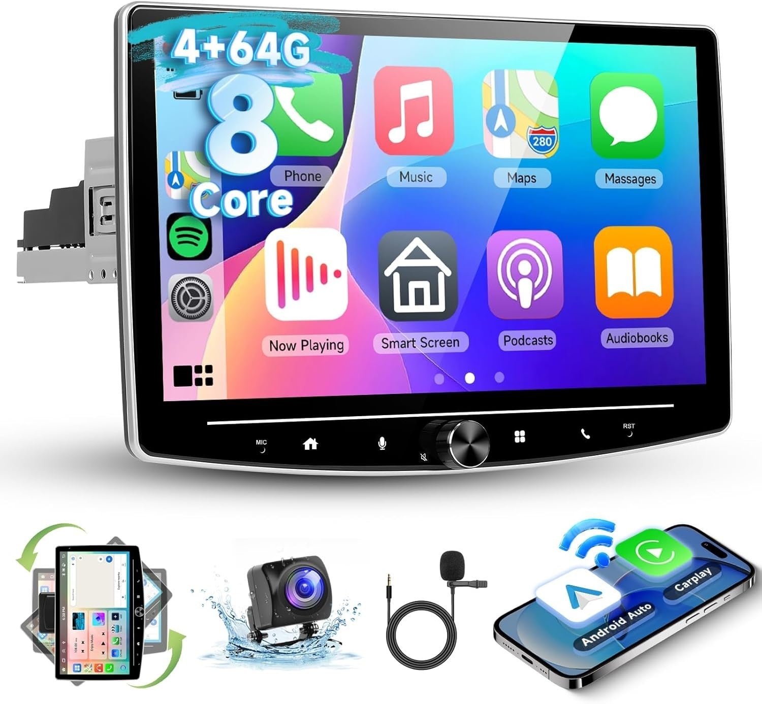 10.1" Android Car Stereo 1 Din Touchscreen Wireless CarPlay GPS Radio