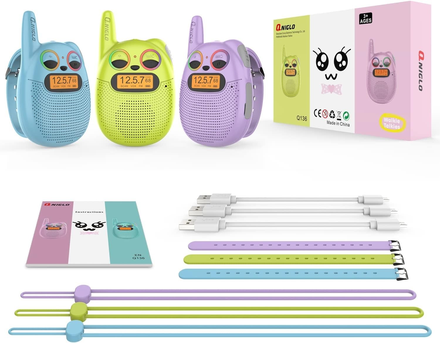 Kids Rechargeable Walkie Talkies 3 Pack Watch Style FM Radio VOX Toy