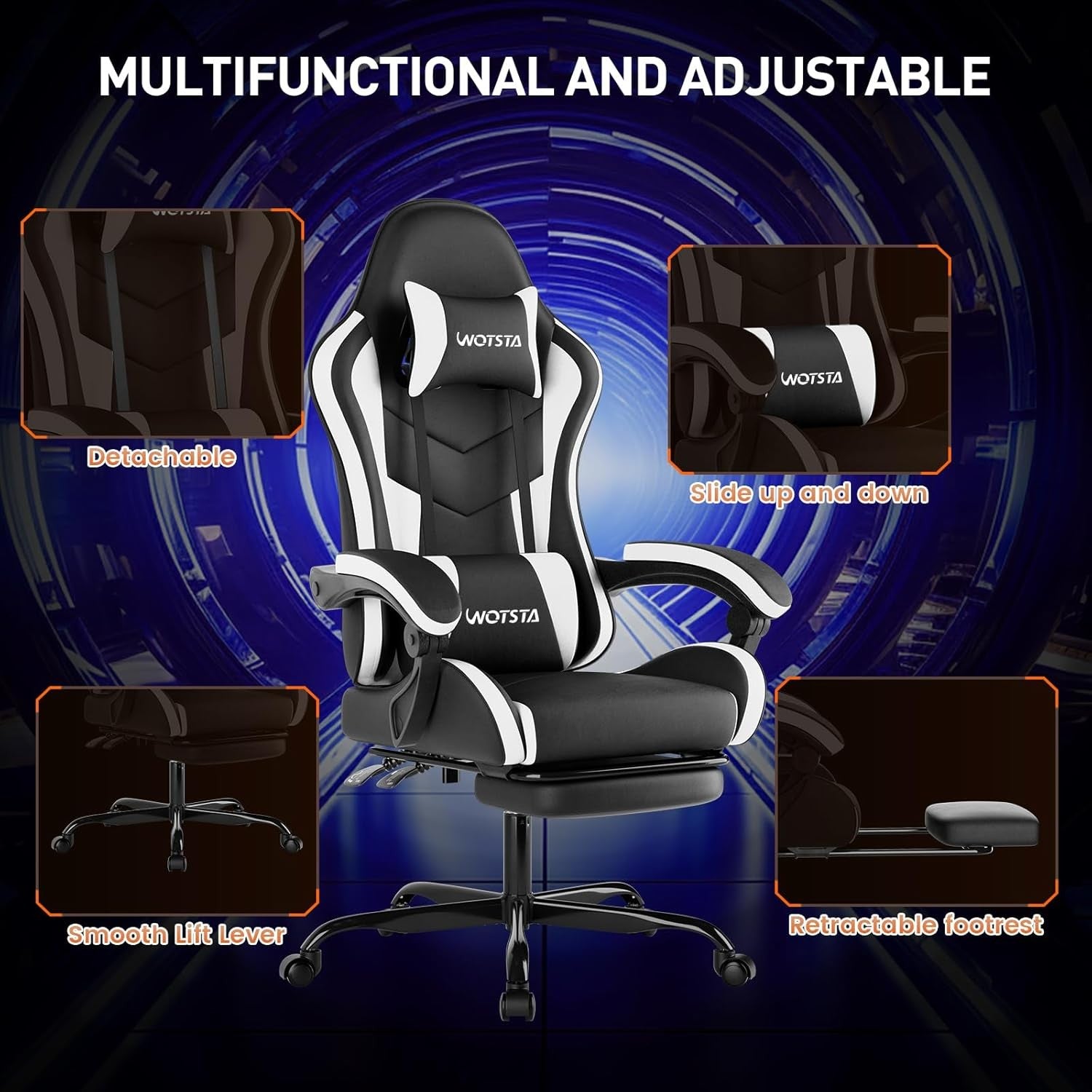 Ergonomic Gaming Chair with Footrest & Lumbar Support – Black White PC Seat