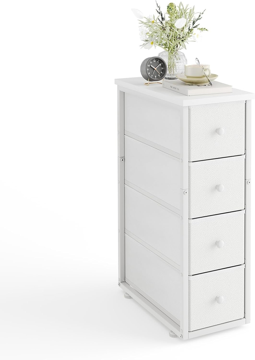 Slim 5-Drawer Tall Storage Cabinet with Wood Top Bedroom Hallway Organizer Unit