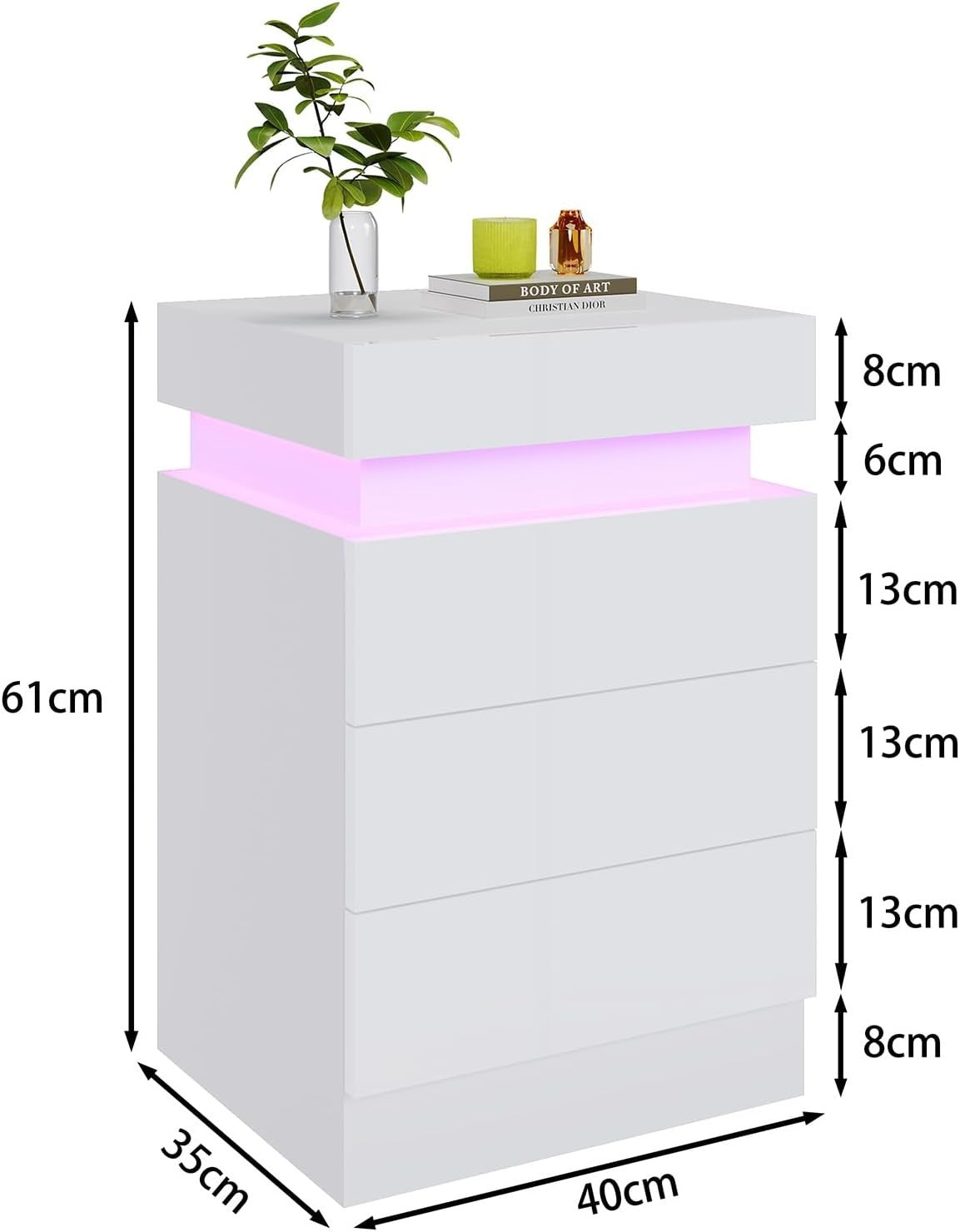 Modern Gloss White Bedside Cabinet with LED Lights, USB Charging Ports