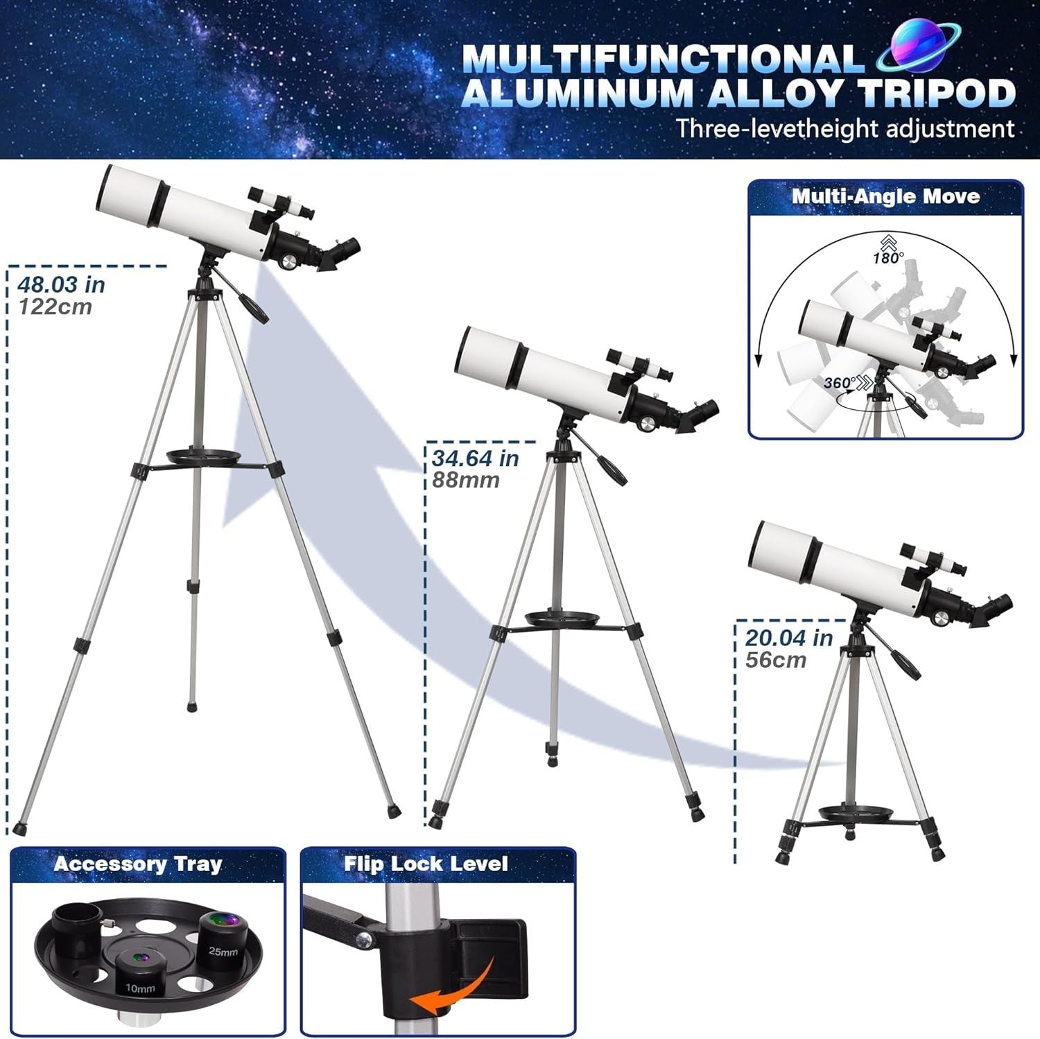 80mm Aperture Refractor Telescope 600mm Focal Length 180x Zoom Tripod