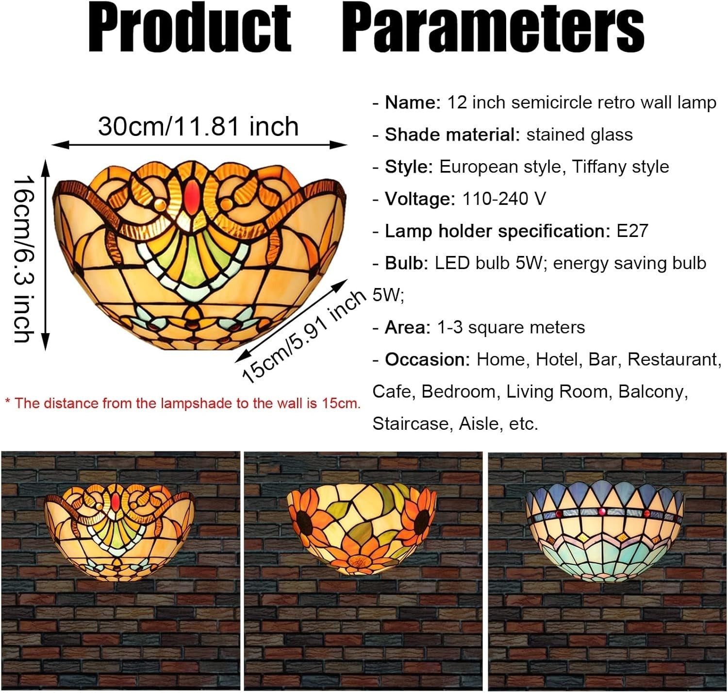 Vintage Tiffany Style Stained Glass Wall Sconce, 12" Baroque Lighting