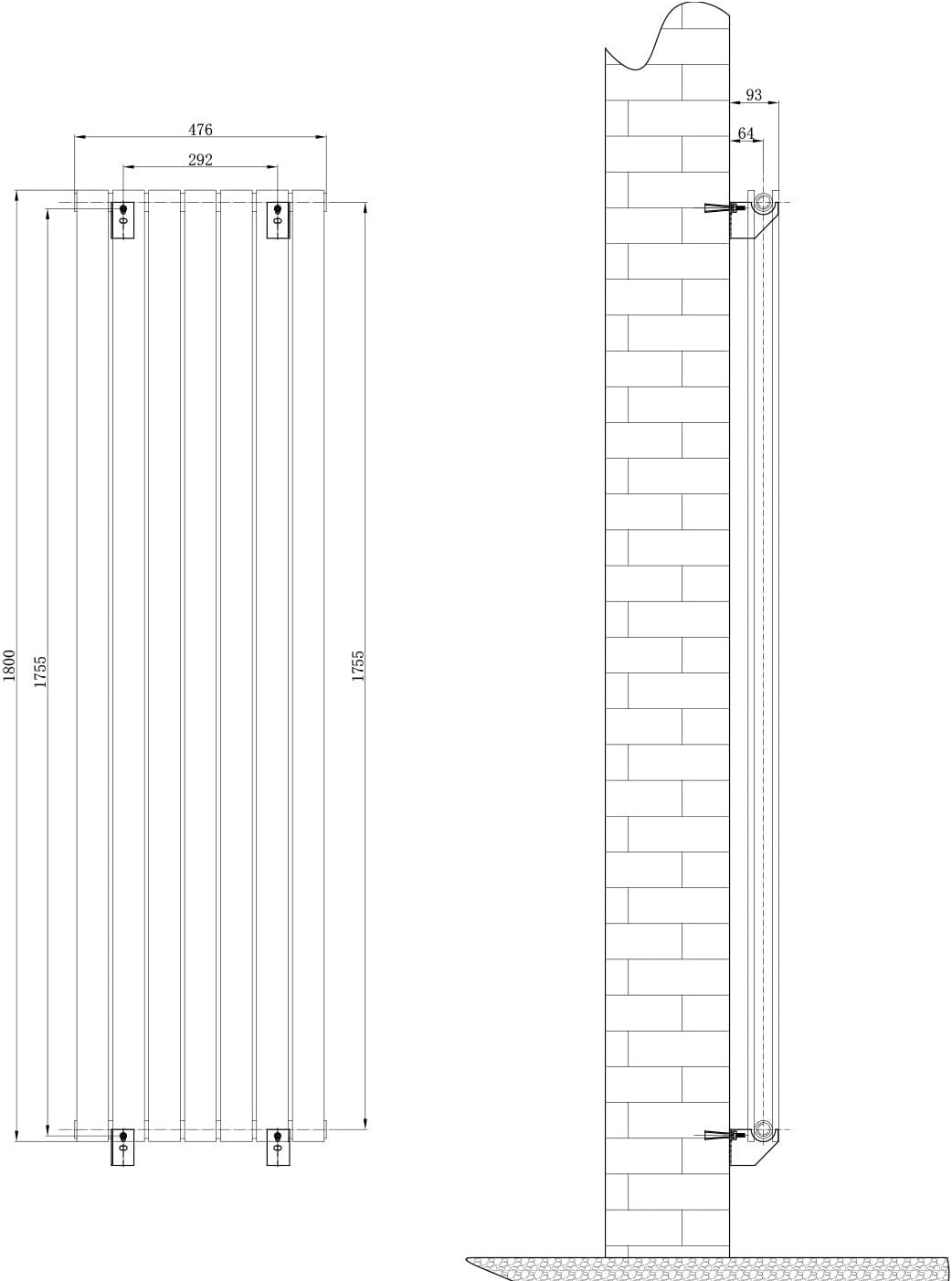 1800x475mm White Vertical Radiator Double Column Flat Panel Wall Mounted