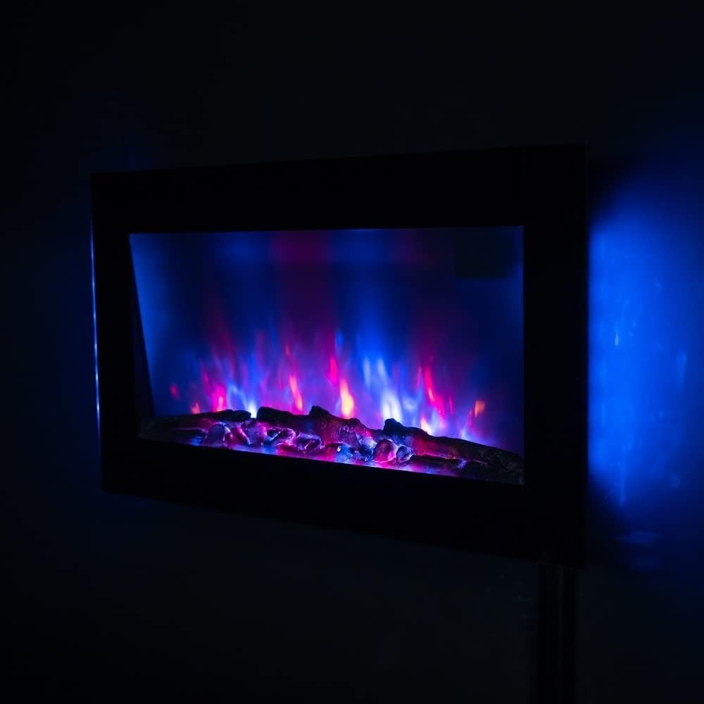 Wall Mounted Electric Fireplace 90cm Black Glass LED Flame Log & Pebble Effect