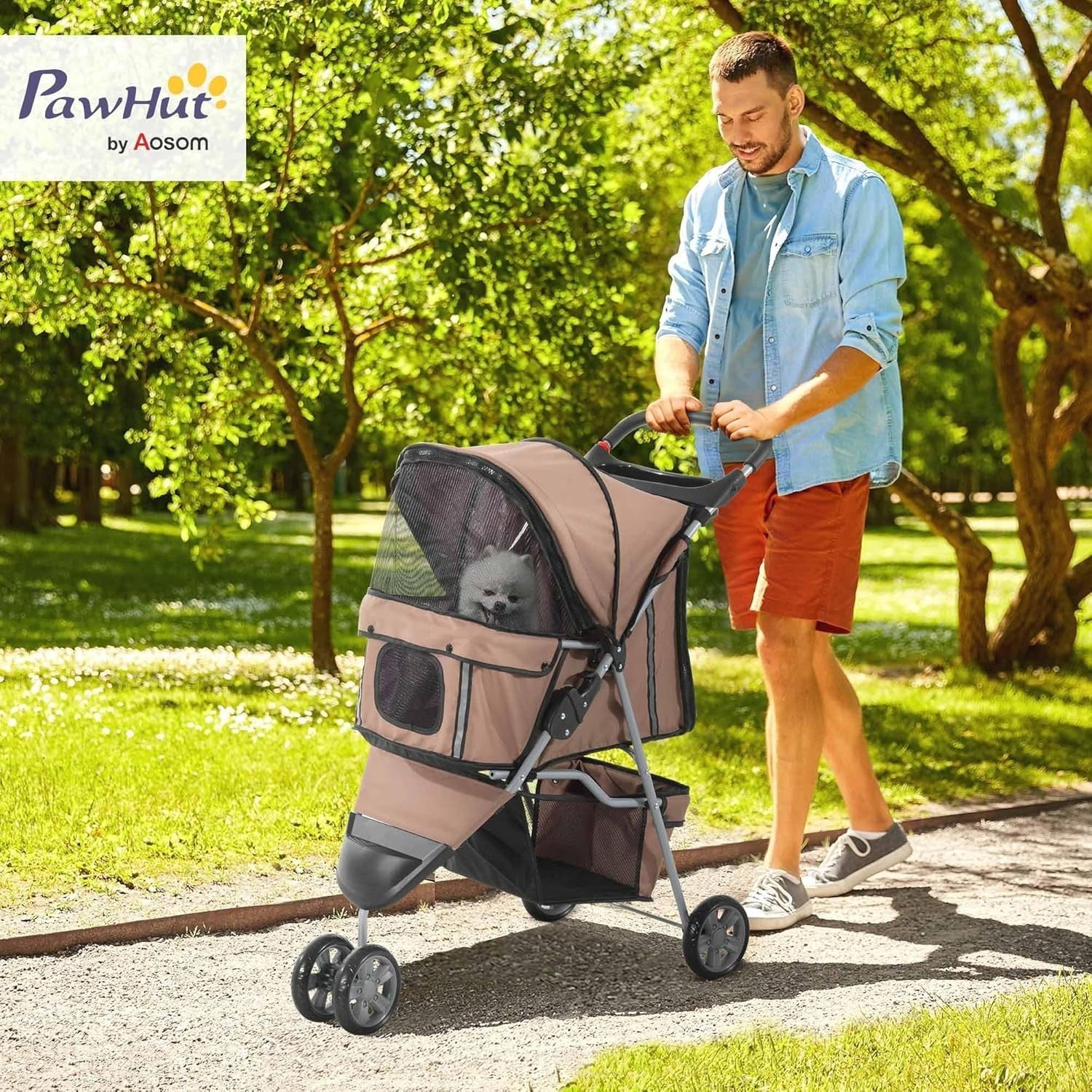 Dog Stroller Foldable 3-Wheel Pet Pram Small Dogs Cats Brown Lightweight