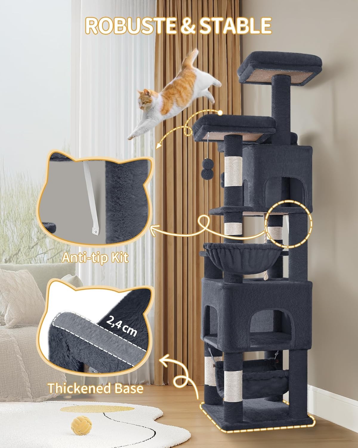 Large Cat Tree 176cm Multi-Level Tower with Condos Hammock Sisal Posts