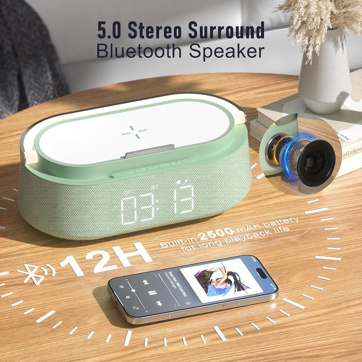 Green Bluetooth Speaker Alarm Clock Wireless Charger LED Night Light Radio