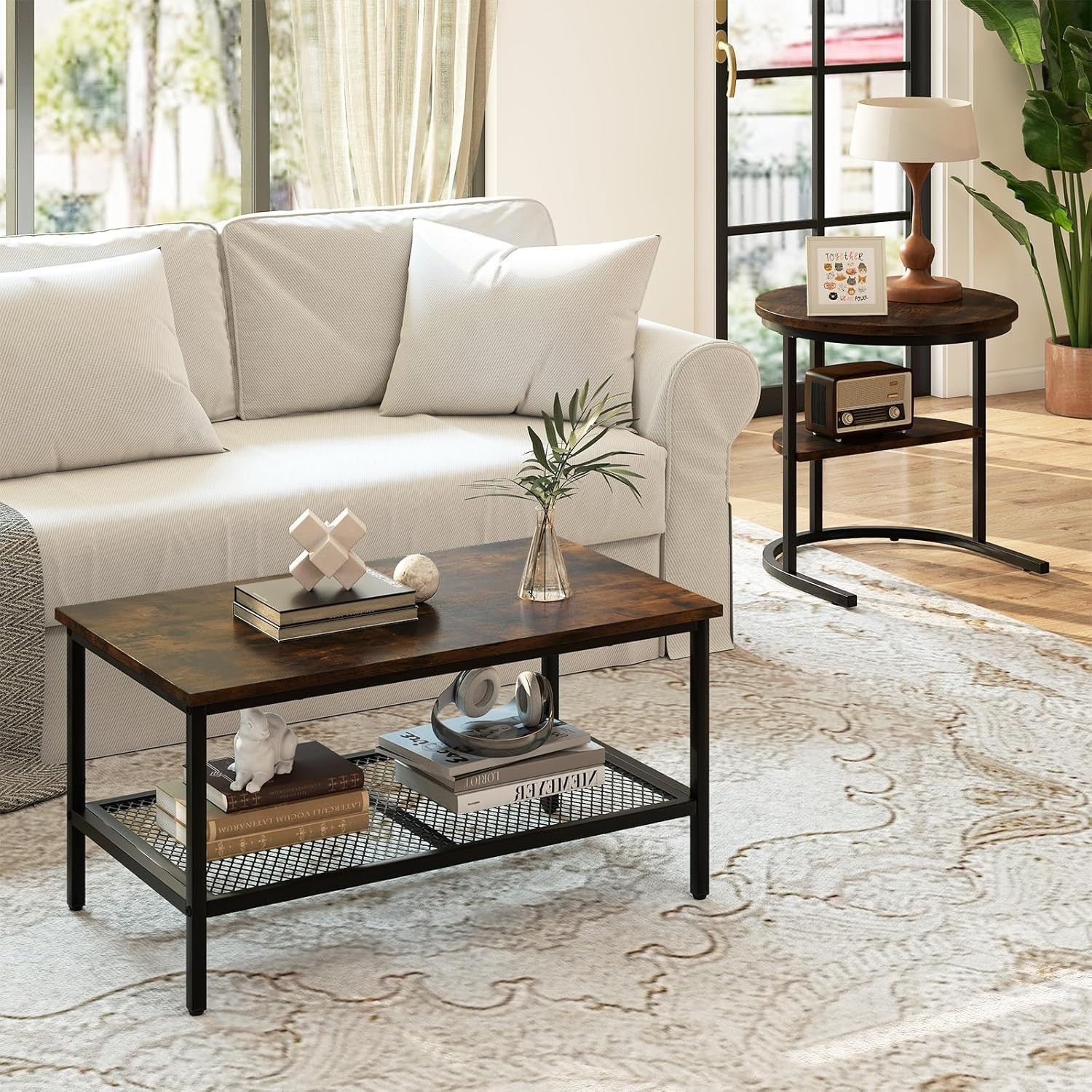 Nesting Coffee Table Set 2PCS Black Rustic Brown Faux Marble End Tables
