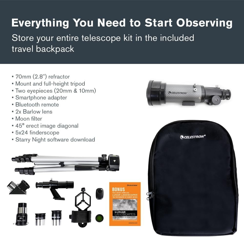 70mm Travel Scope DX with Smartphone Adapter & Backpack, Silver