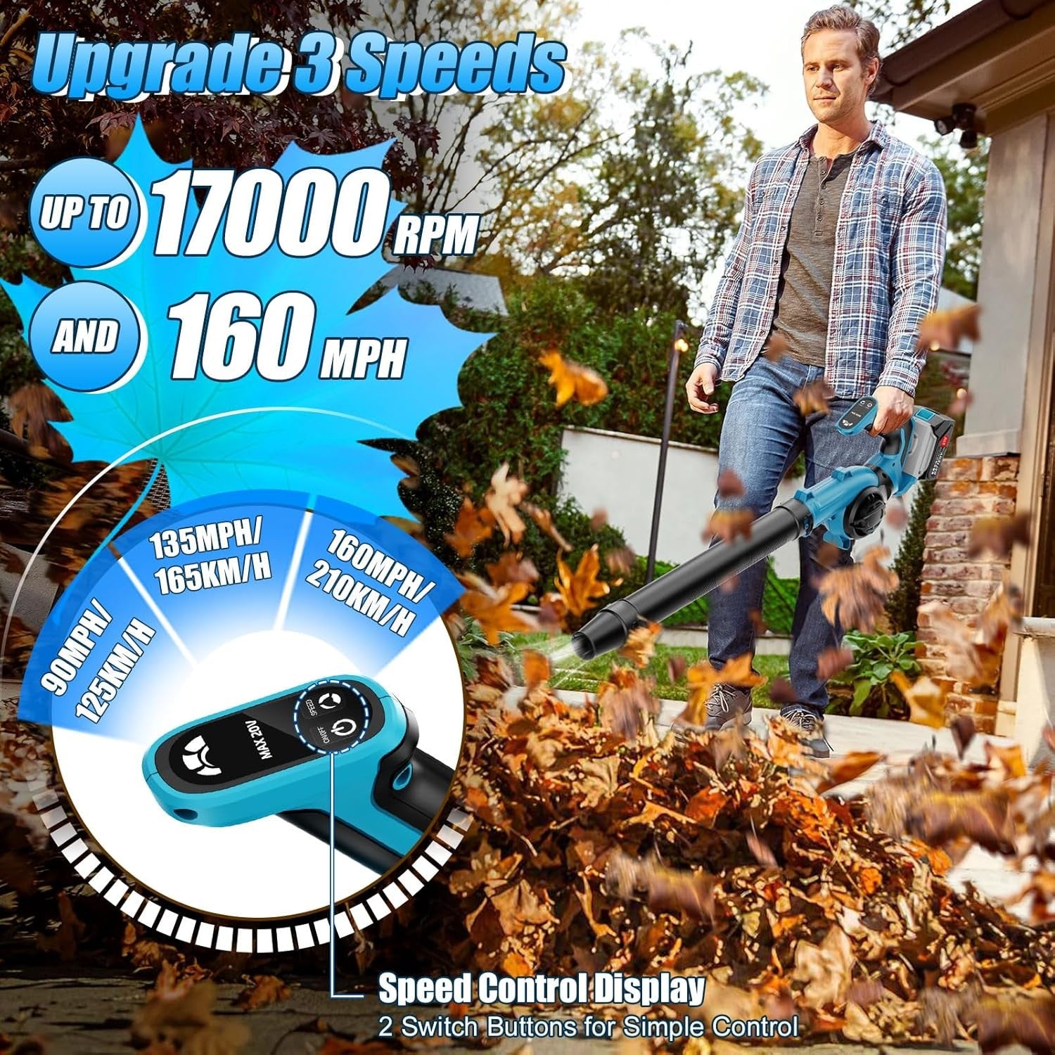Cordless Leaf Blower 21V Dual Batteries Turbo Boost 3 Speed Handheld