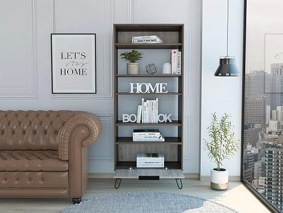 Tall 5 Tier Bookcase Cabinet with Door – Oak Effect Grey Storage Unit Modern